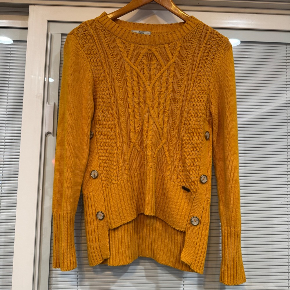 Bass Mustard Yellow Cable Knit Side Button High Low‎ Sweater G9MWS763 Small